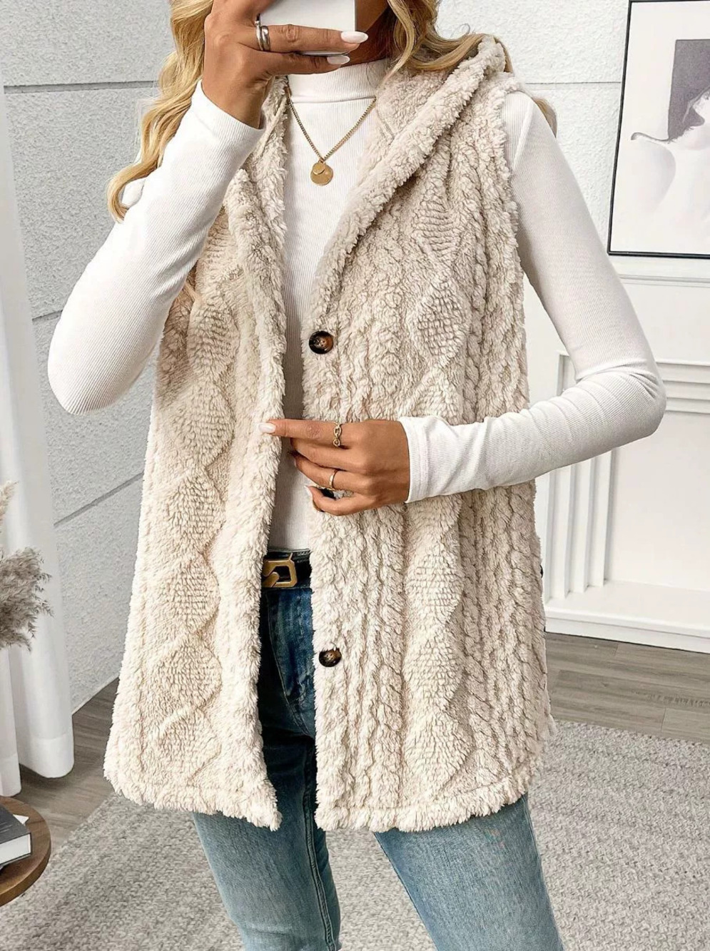 ZARA Womens Plush Hooded Button Cardigan Vest